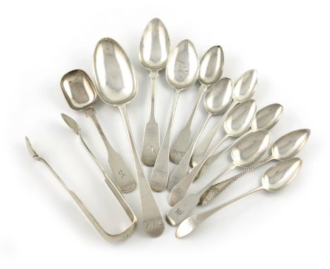 A mixed lot of Scottish provincial silver flatware, comprising: a provincial Old English pattern tablespoon, by Nathaniel Gil