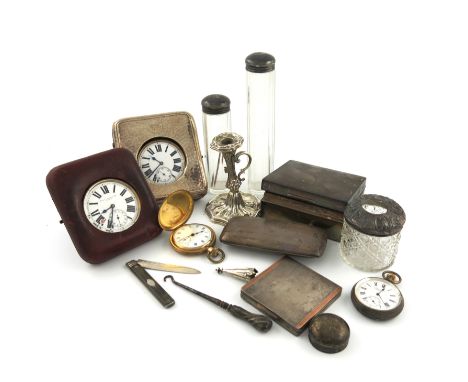 A mixed lot of silver items, various dates and makers, comprising: a Victorian chamber stick, a toilet jar, a cigarette box, 