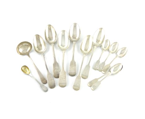 A mixed lot of silver flatware, various dates and makers, comprising: an Irish ladle, six matched tablespoons, a set of five 