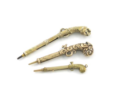An early-Victorian novelty gold pencil, unmarked, modelled as a pistol, the butt with feather scroll decoration, length close