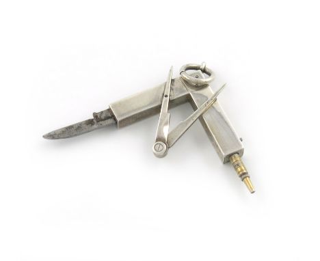 A rare Victorian novelty silver Masonic combination pencil, and penknife, by S. Mordan and Co, modelled as square and compass
