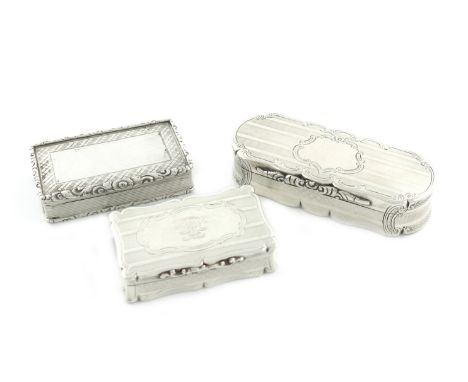 A small collection of three Victorian silver snuff boxes, comprising: one by Henry Hyde Aston, Birmingham 1864, rounded recta