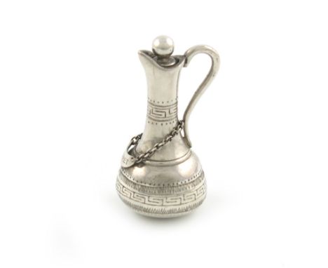 A Victorian novelty silver pencil, unmarked, modelled claret jug, with a hanging wine label incised 'CLARET', length 4cm. Pro