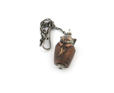 A 19th century novelty mixed metal pencil, unmarked, modelled as a cat peering out of a basket, about to pounce on an insect,
