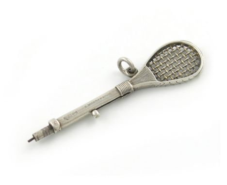 A Victorian novelty silver pencil, by S. Mordan and Co., with a registration lozenge, modelled as a real tennis racquet, with