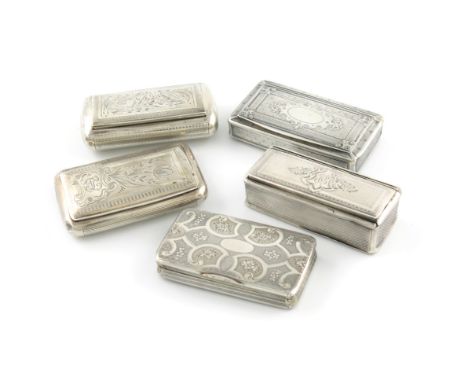 A collection of five 19th century French silver snuff boxes, rectangular form, engraved foliate and engine-turned decoration,