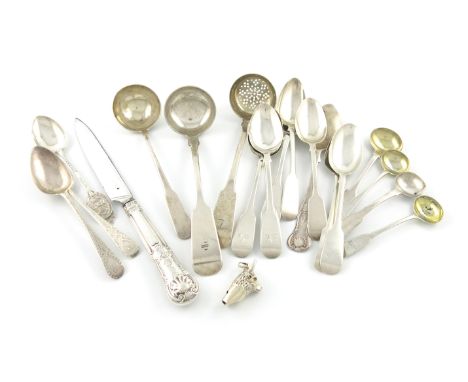 A mixed lot of Scottish silver flatware, various dates and makers, comprising: a toddy ladle by Robert Keay of Perth, a sifti