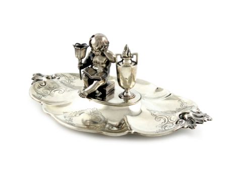 A Victorian silver inkstand, by The Barnards, London 1852, also stamped 531, shaped oval form, engraved scroll decoration and