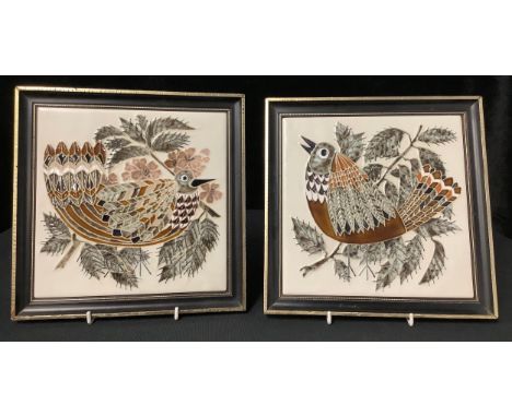 A 'Maw &amp; Co' tile, decorated in tubeline with a styalised bird amongst leafy stems, cream ground; another similar, 20 x 2