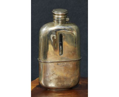 A Victorian silver plated bowed rectangular hip flask, the upper section with level window, pull off cup, flattened bayonet c