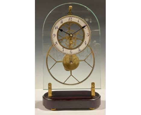 A contemporary skeleton clock, arched glass plate mounted with enamel chapter ring, Arabic numerals, 37cm 