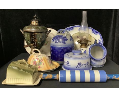 A Victorian Staffordshire Jackfield type samovar, 39cm high; a T. G. Green Cornish ware rolling pin; a flow blue cheese dome;