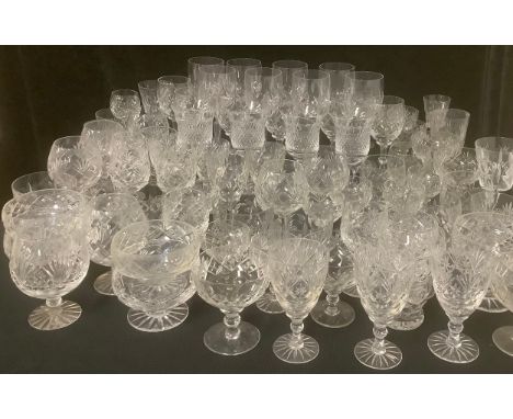 A set of eight Waterford Crystal wine glasses; other cut glass wine glasses, tumblers, brandy balloons, etc, qty 