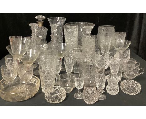 Glassware - a pair of 19th century cut glass decanters; a silver mounted cut glass decanter, faults; cut glass vases; cut gla