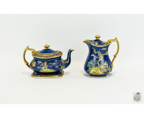 Carlton Ware Mikado Cobalt Lustre Tea And Coffee Pot A small collection (3 items) of 1930's blue lustre wear in ornate 'Mikad