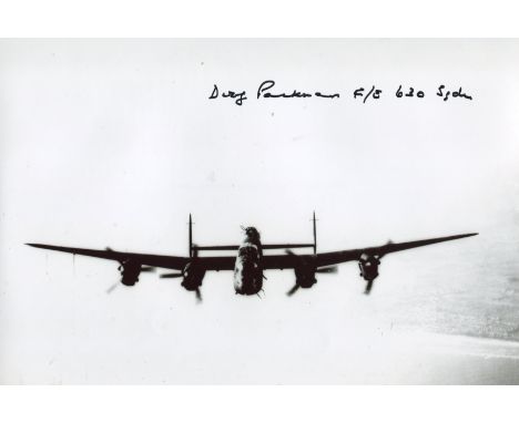 630 Squadron veteran. 8x12 inch photo of a Lancaster bomber signed by Doug Packman, a Flight Engineer with 630 Squadron who c
