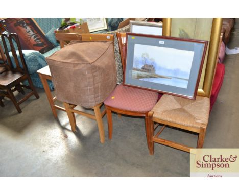 A pine highchair together with a oak slat back chair, red upholstered dining chair, ladderback chair and a pouffe 