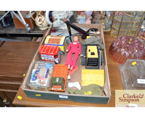 A box of various vintage toys and collectors cars to include Tonka, Triang toy lorry, vintage doll etc