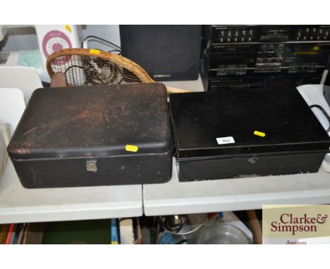 Two cash tins (lacking keys), a tennis racket, hockey stick etc.