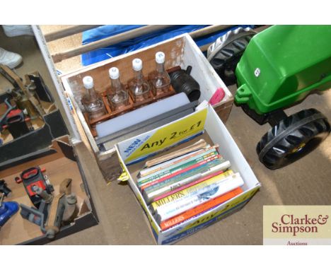 A box of containing Millers Guide's, various Haynes manuals and another box containing a outdoor light, tools, set of four bo