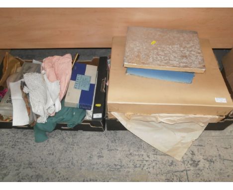 2 boxes of vintage clothes and material etc