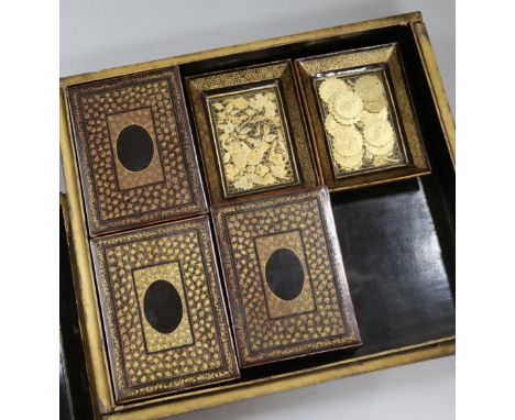 A Chinese export lacquer counter box with sixty six mother of pearl fish bezique markers