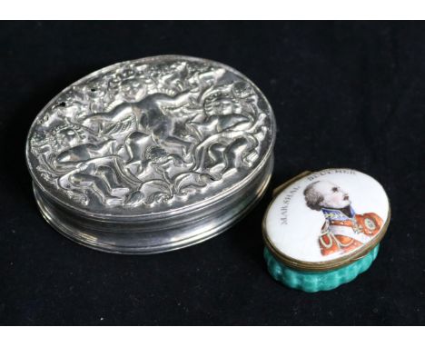 A Burmese? silver oval tobacco box and an enamel oval "Marshal Beucher" pill box.