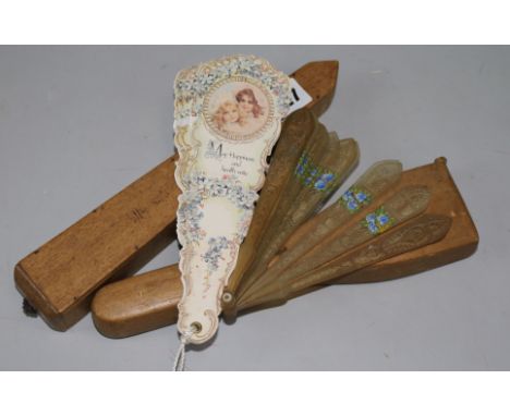 Two boxed sandalwood hand painted fans, a horn fan and an advertising fan a brass Indian box, a cup, a lamp, a pair of cased 