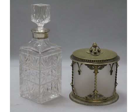 A Victorian frosted glass biscuit barrel and a silver collared decanter