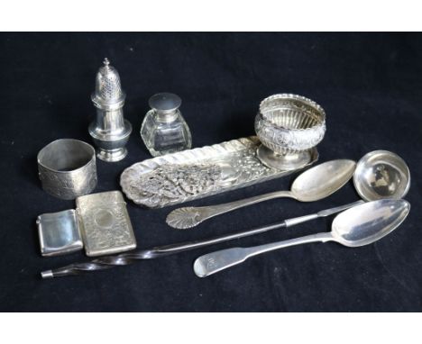 A George III silver toddy ladle, silver caster, pin tray and other items.