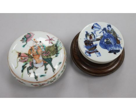 Two Chinese porcelain seal paste boxes and covers, 19th century, one wood stand