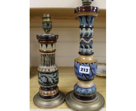 Two Doulton Lambeth lamp bases, later mounted