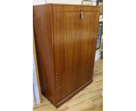 A modern sapele wood upright plan chest with fall front, containing a collection of 1:1250 scale Ordnance Survey, maps, W 3ft