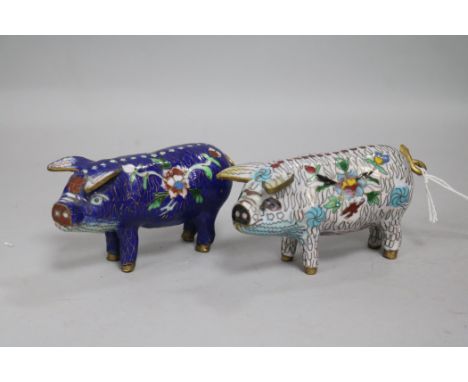 Two Chinese cloisonne enamel models of pigs