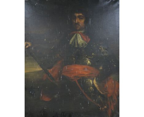 An 18th century Continental School, oil on canvas, portrait of gentleman in armour, inscribed and stamped Giorgio Monk Duca d