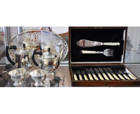 A 1950's Viners silverplated 4 piece tea service together with an oak cased fish service and oval plated tray