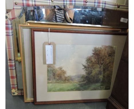 Pearley, two watercolours, a Russell Flint print and Burberry style wall mirror