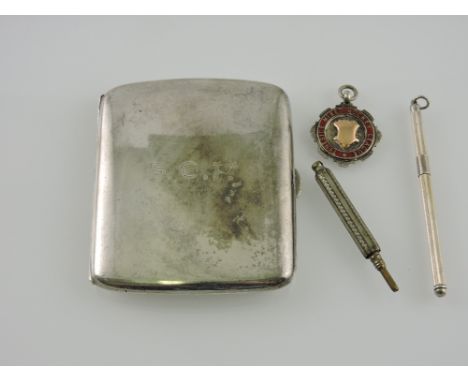 A silver cigarette case, Birmingham 1943, engraved with ownership initials, together with a swizzle stick, pencil and a watch