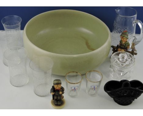 A grey ceramic fruit bowl, together with two Hummel figures and a quantity of glassware including Festival of Britain and a b