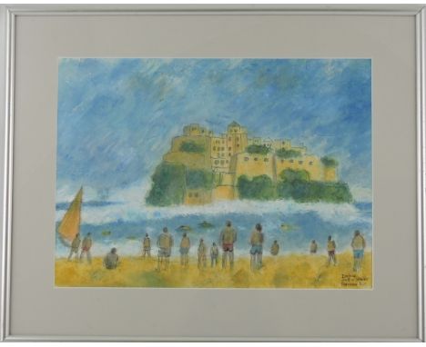 Anthony Fannen, (Contemporary, British) Castle Aragonese, Ischia, Gulf of Naples, mixed media pastels, acrylic and watercolou