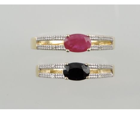 A diamond and ruby set dress ring, on a 9ct gold band, together with another similar set with a sapphire, 3.5g.