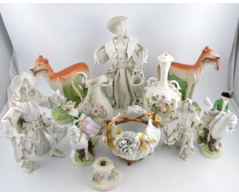 A pair of 19th century style Staffordshire greyhounds; together with a Royal Worcester flower encrusted vase, three blanc de 