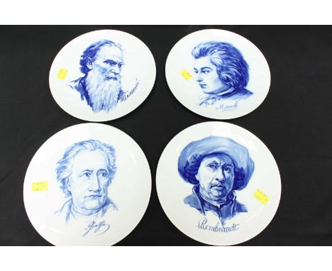 A set of four 1970s Meissen porcelain portrait plates, Johann Wolfgang von Goethe; Mozart; Rembrandt; and Tolstoy. Crossed sw