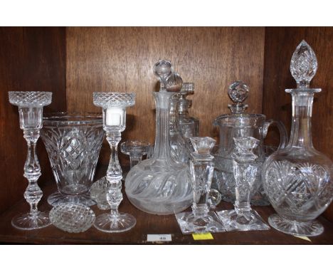 SECTION 49.  A Thomas Webb shaft-and-globe cut glass decanter, Webb-Corbet water jug and pair of Stuart glass candlesticks, t