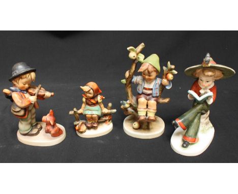 A group of four Hummel porcelain figures including 'Nasha' a girl in a broad hat seated and reading a book. All with impresse