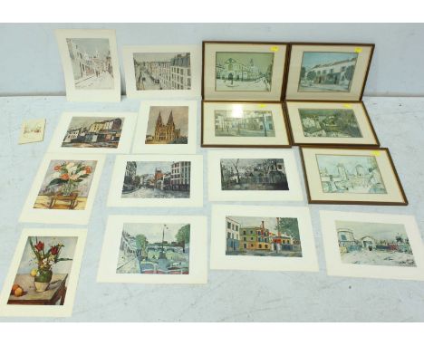 A collection of five framed and nine unframed prints of impressionist street scenes
