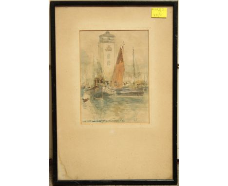 Victor Noble Rainbird (1888-1936) portrait study of Fishing Boats at quay side, signed, watercolour, 19 x 14cm.