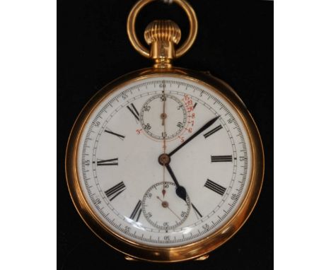 A rare early 20th century French 18ct gold 'Mensor' double sided pocket watch with chronograph and tachymeter, with white ena