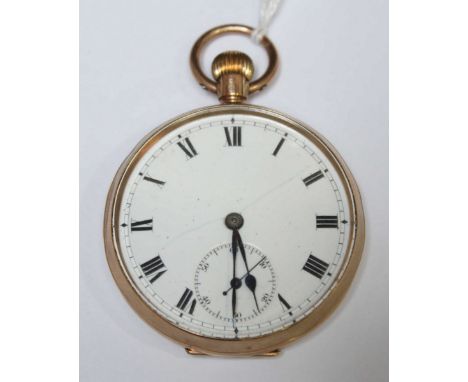 A 9ct gold open faced pocket watch, with white enamel dial and black Roman numerals, with subsidiary seconds dial, dial crack