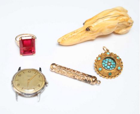 A carved greyhound’s head walking stick handle, together with a 9ct gold ring, a gilt and turquoise pendant, a gold plated pr